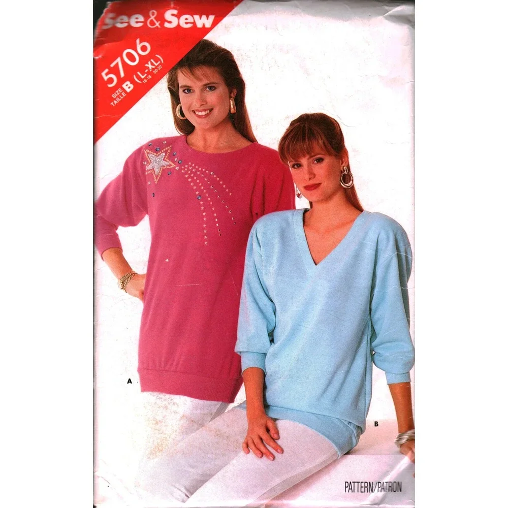 Vintage 1987 See & Sew 5706 Misses Pullover Top Sewing Pattern Size L-XL 80s